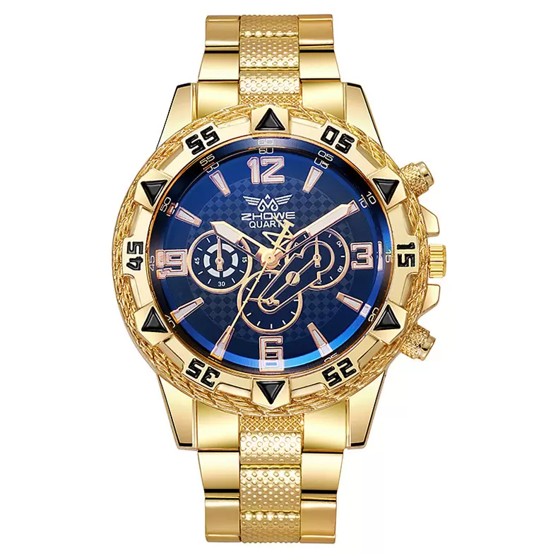 Hot-selling large-dial gold and blue men's steel quartz watch