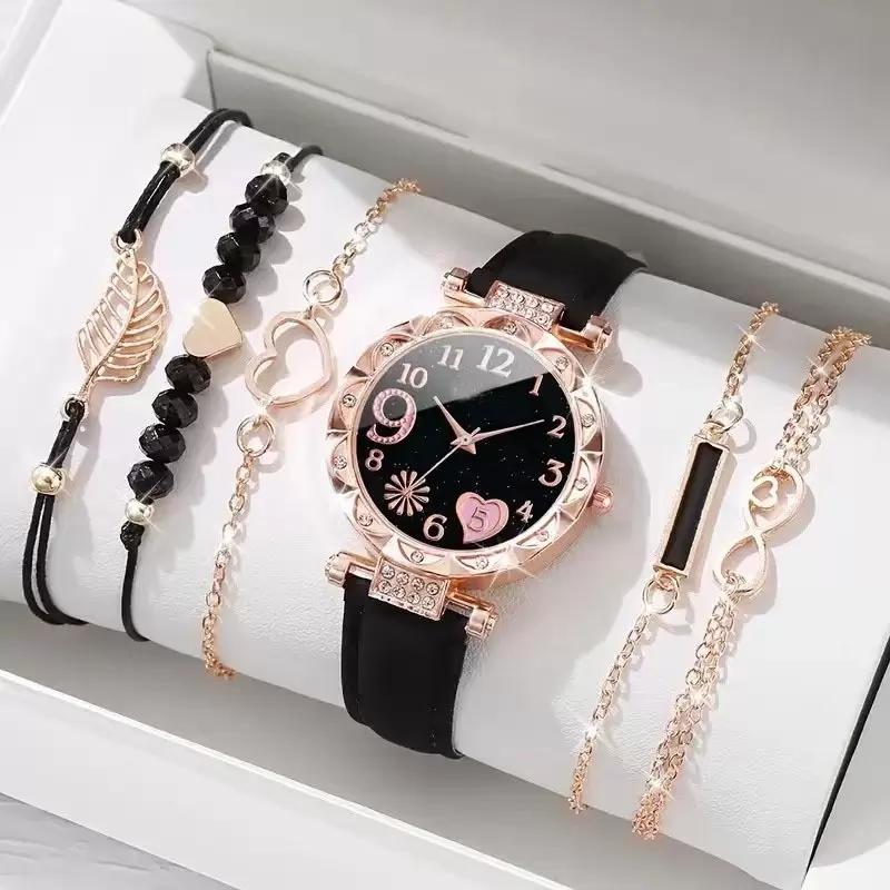 Women Crystal Watch with 5 Bracelets Set Quartz Wrist Watches Bangle Jewelry 6pcs/Set for Ladies