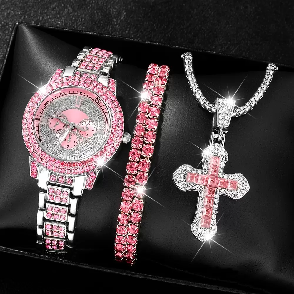 Women's Iced out Watches with Diamond Stud Earrings and Flawless blinged out Cross Tennis Necklace & Bracelet - 3pc Cross Set